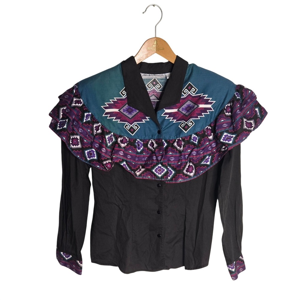 Womens Western Shirt Adobe Rose Vintage 1993  Southwest Ruffle Yoke Medium